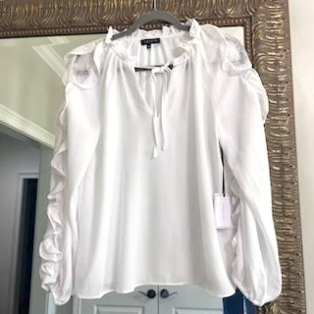 NWT 1.State Peasant White Ruffle Lace Blouse Women's Medium Career Office